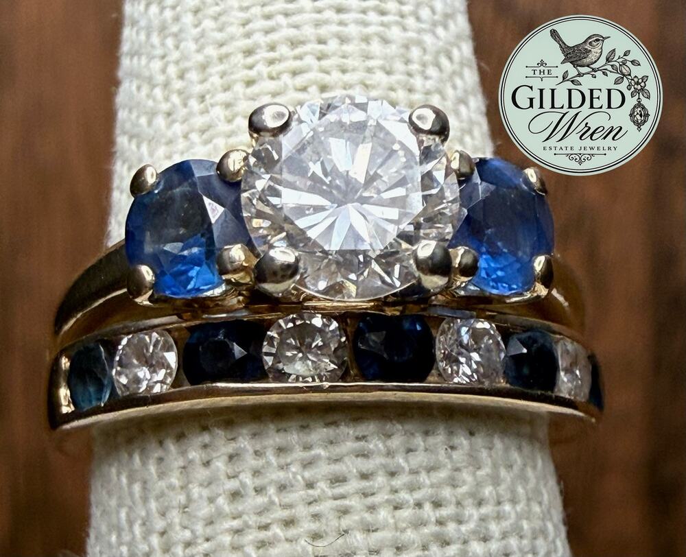 14K Gold Diamond Sapphire Wedding Ring Set Size 5.25 Vintage Bridal Band